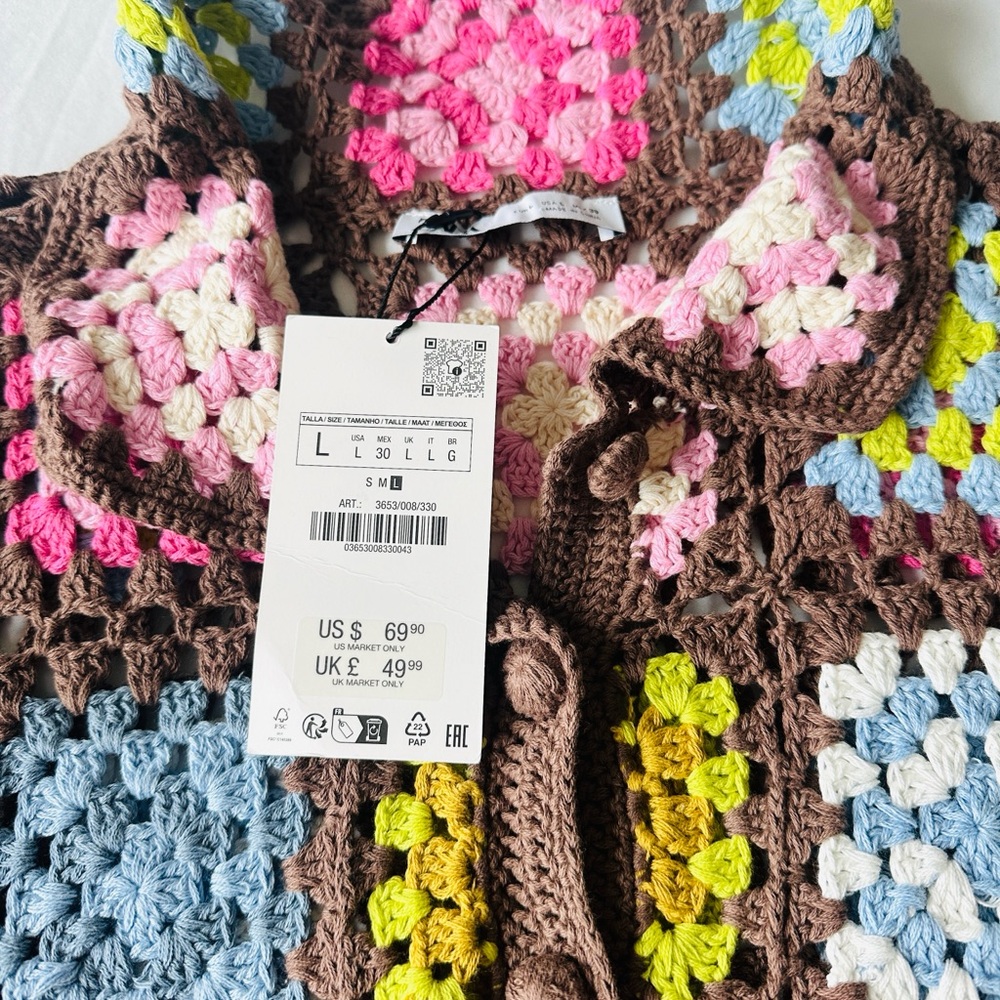 Brand New w Tags! ZARA Multicolored Crochet Knit Polo Sweater Size L - Picture 4 of 4